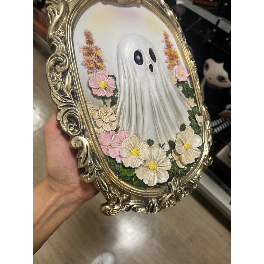 Halloween Ghost With 3D Flowers in Gold Frame - Picture 2 of 3